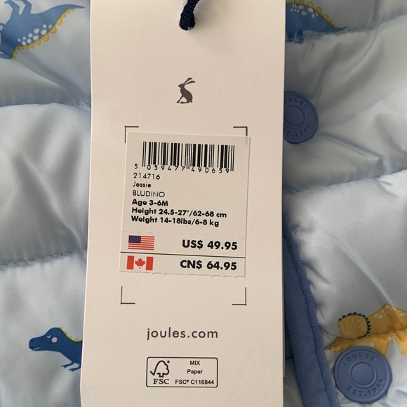 NWT Joules Light Blue Dinosaur Print Puffer Jacket - Picture 3 of 6